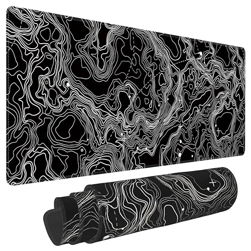 Black with White Topographic Line Large Mouse Pad,Gaming Keyboard Desk Pad,Extended Mouse Mat Non-Slip Rubber Base with Stitched Edges for Office Game Home XL 31.5