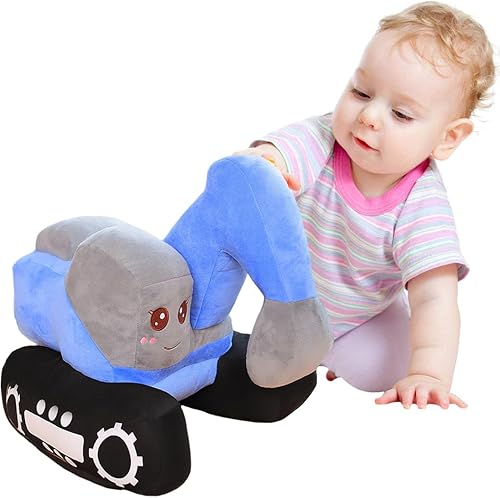 ELAINREN Juguete de peluche de excavadora azul de simulación, regalo de peluche para niños, diseño de caricaturas, camión de construcción,