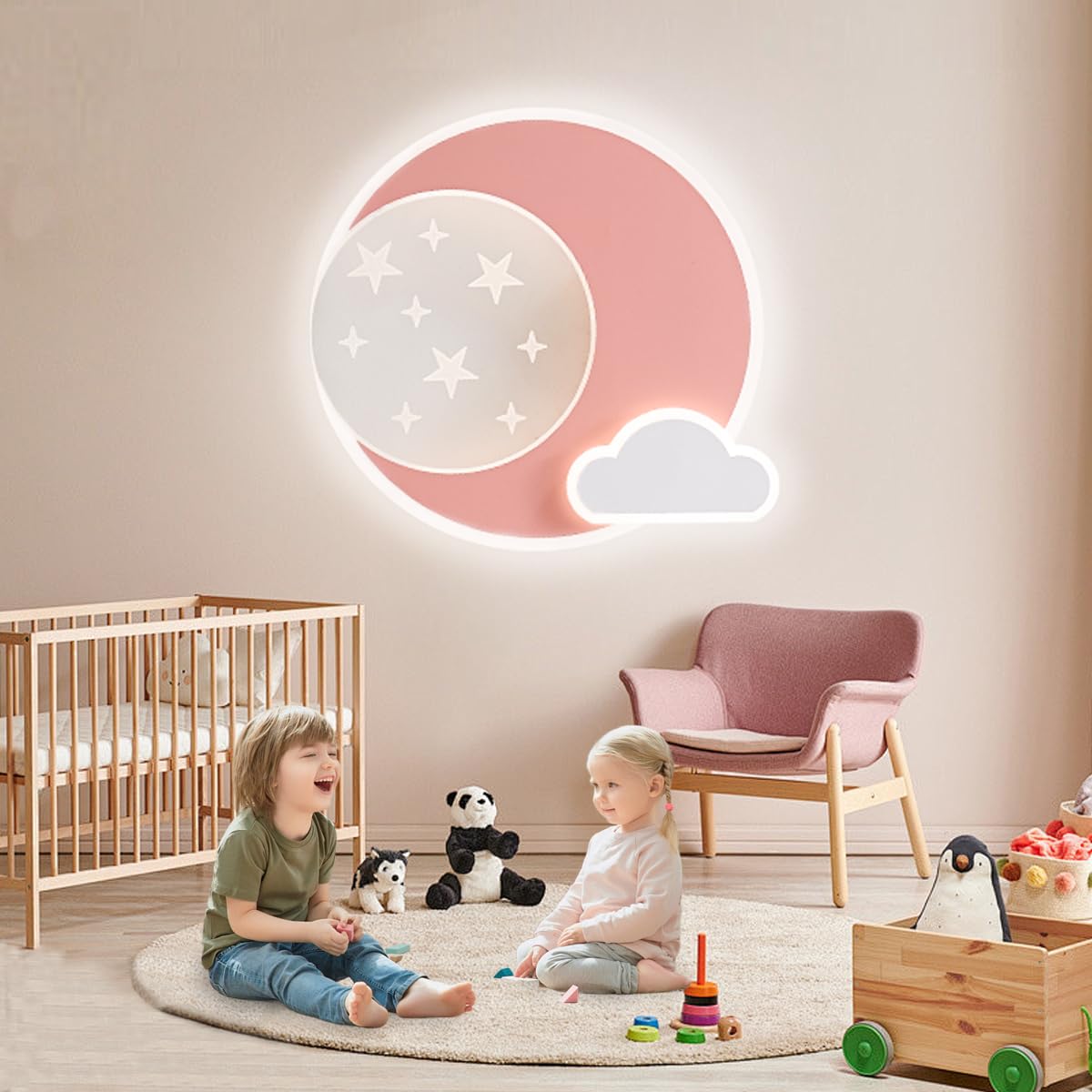 LED Deckenleuchte Rosa Stern Mond Deckenleuchte Dimmbar mit Fernbedienung,Nachtlichtfunktion,Kinderzimmer Schlafzimmer Wohnzimmer Flur Jungen und Mädchen Schlafzimmer Deckenleuchten 30cm