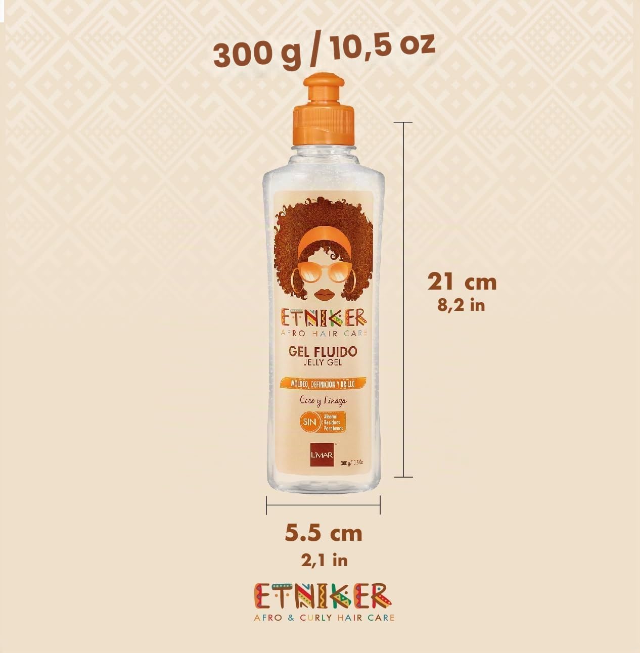 L'MAR Etniker Gel Afro Cuidado del Cabello Residuos sin Alcohol y Linaza, Gel Etniker Fluido Coco y Linaza Moldeo Definición y Brillo Sin Alcohol Residuos Parabenos 10.5Oz-300ml