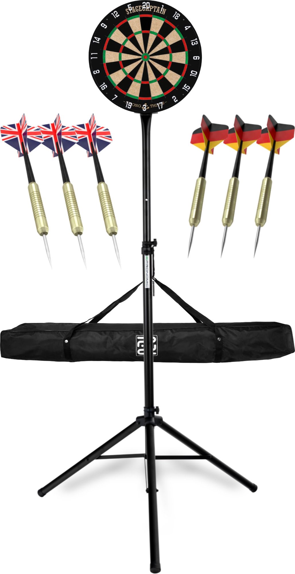 Stagecaptain DBS-1715C Bullseye Champion Cible Steeldarts Pro en Sisal avec Support réglable Noir, Sac, 6 fléchettes et 4 Jeux de Flights.