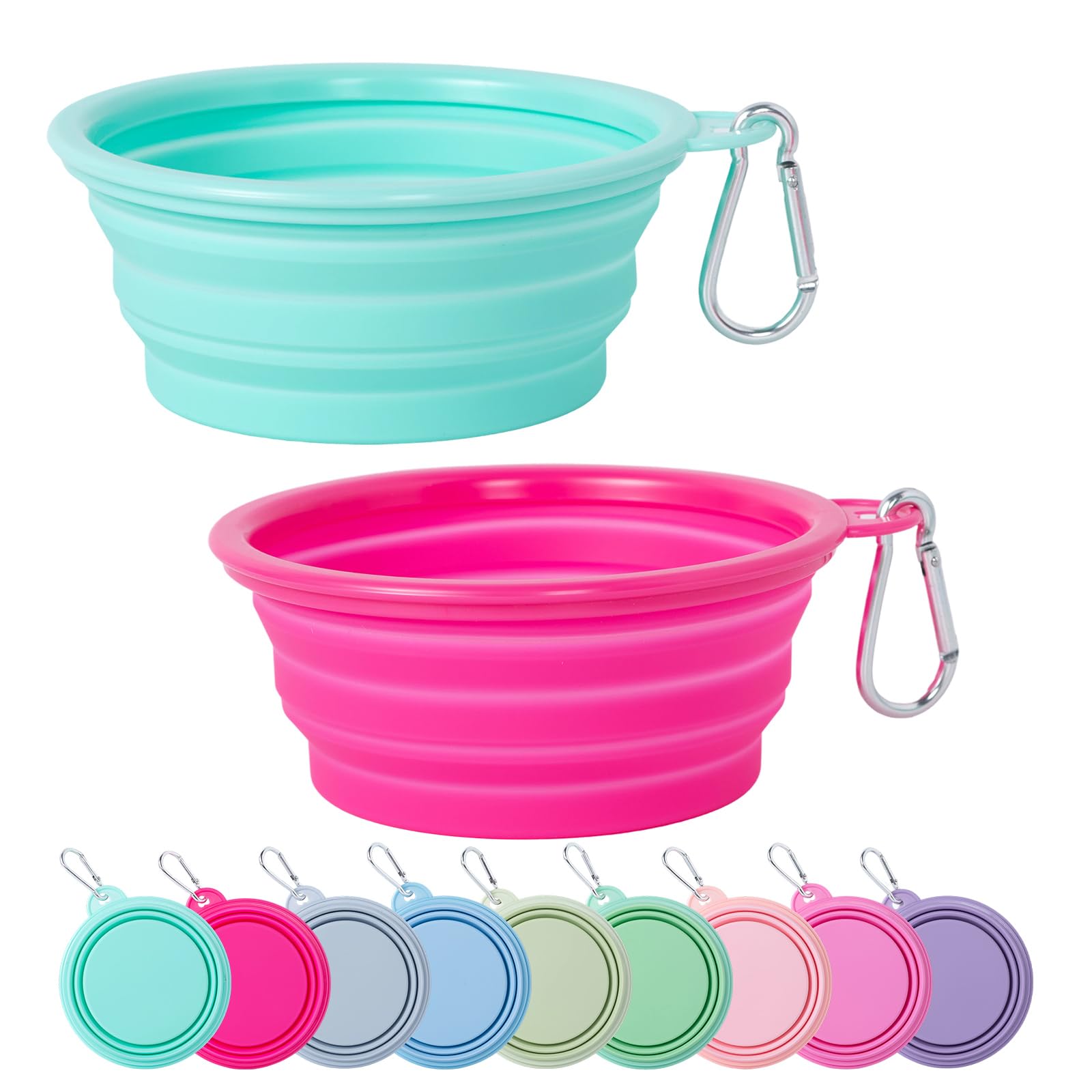 SLSON Collapsible Dog Bowl, 2 Pack Macaron Color Foldable Travel Dog Feeder Bowl Portable Silicone Pet Food Water Dish for Dogs Cats Camping Hiking (Macaron Bright Pink and Bright Green)