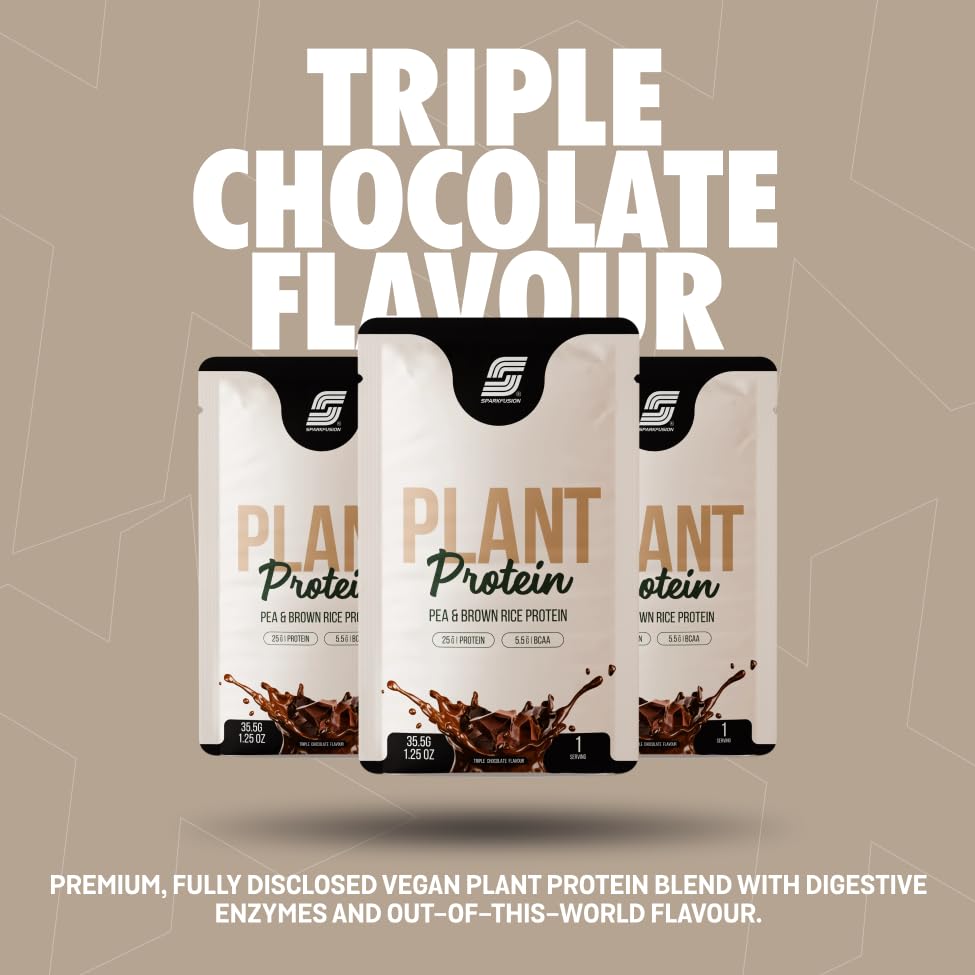 Image of Sparkfusion Plant Protein Powder Isolated Pea & Brown Rice Protein | 25g Protein per Sachet | 5.5g BCAA | Vegan, Gluten Free & Sugar Free | Triple Chocolate Flavour | Pack of 10 Sachets