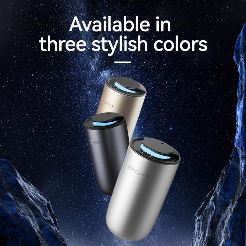 Scenta Smart Car Air Freshener in three colors: gold, black, and silver