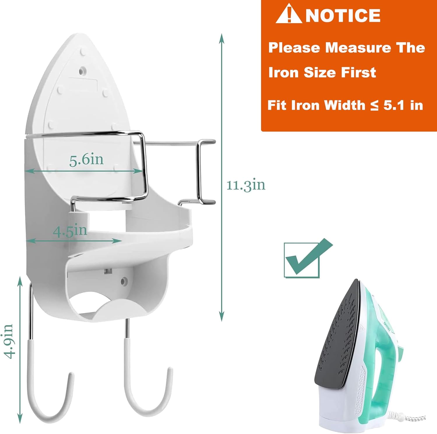 DOUBLE 2 C Ironing Board Hanger Wall Mount Electric Iron Holder Iron and Ironing Board Storage Organizer Shelf with Removable Hooks for Household Bathroom Laundry Room(White)