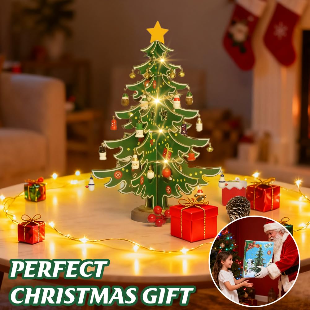 Calendario dell'Avvento 2025, albero di Natale in legno con 36 ciondoli e catena luminosa a LED, 24 giorni, conto alla rovescia, mini albero di Natale, regalo per ragazzi e ragazze