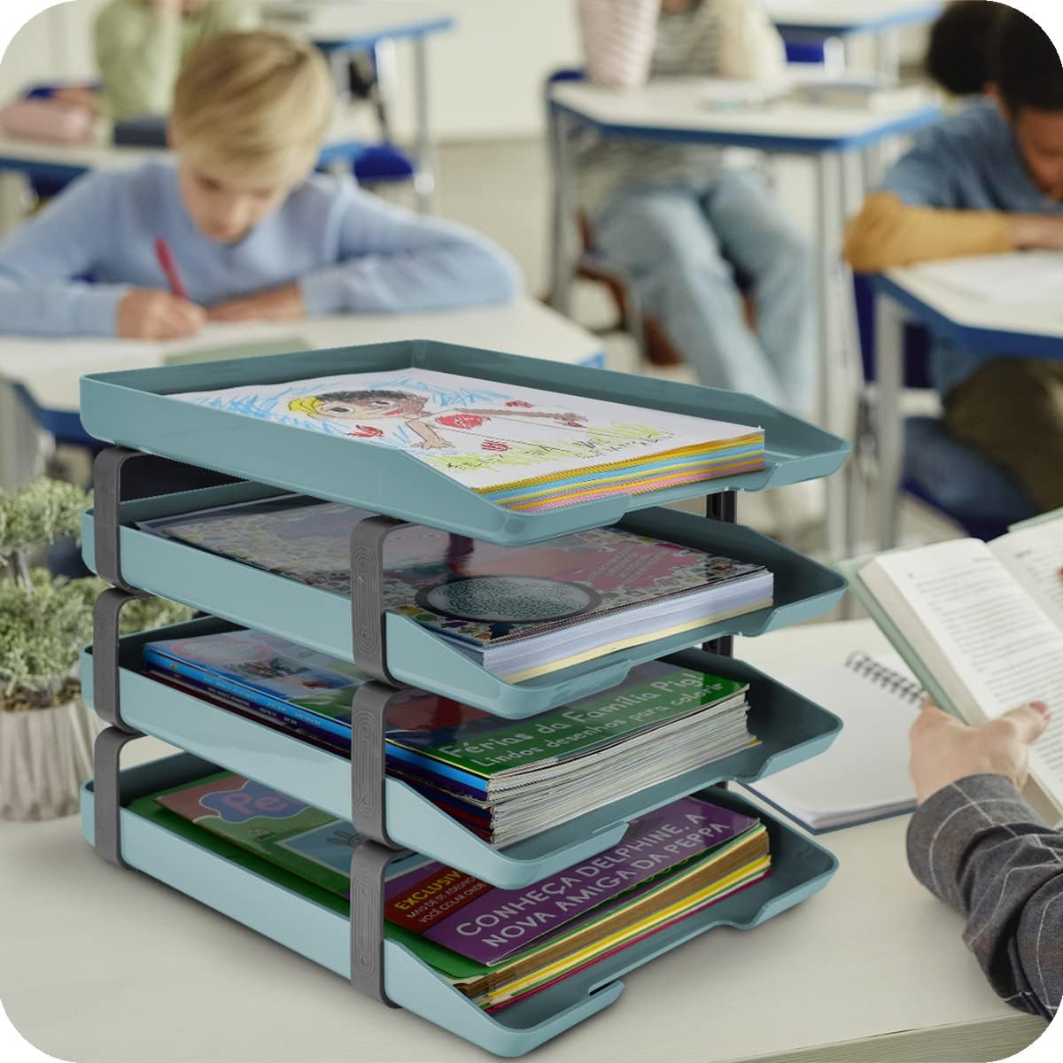 Acrimet Traditional 4 Tier Letter Tray, Front Load Design, A4 Letter Size, Desktop Organizer (Plastic) (Solid Green Color)
