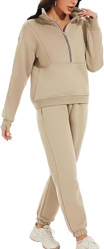 Miniatura 10 de PEHMEA Conjunto deportivo de dos piezas de forro polar para mujer con media cremallera y pantalones deportivos