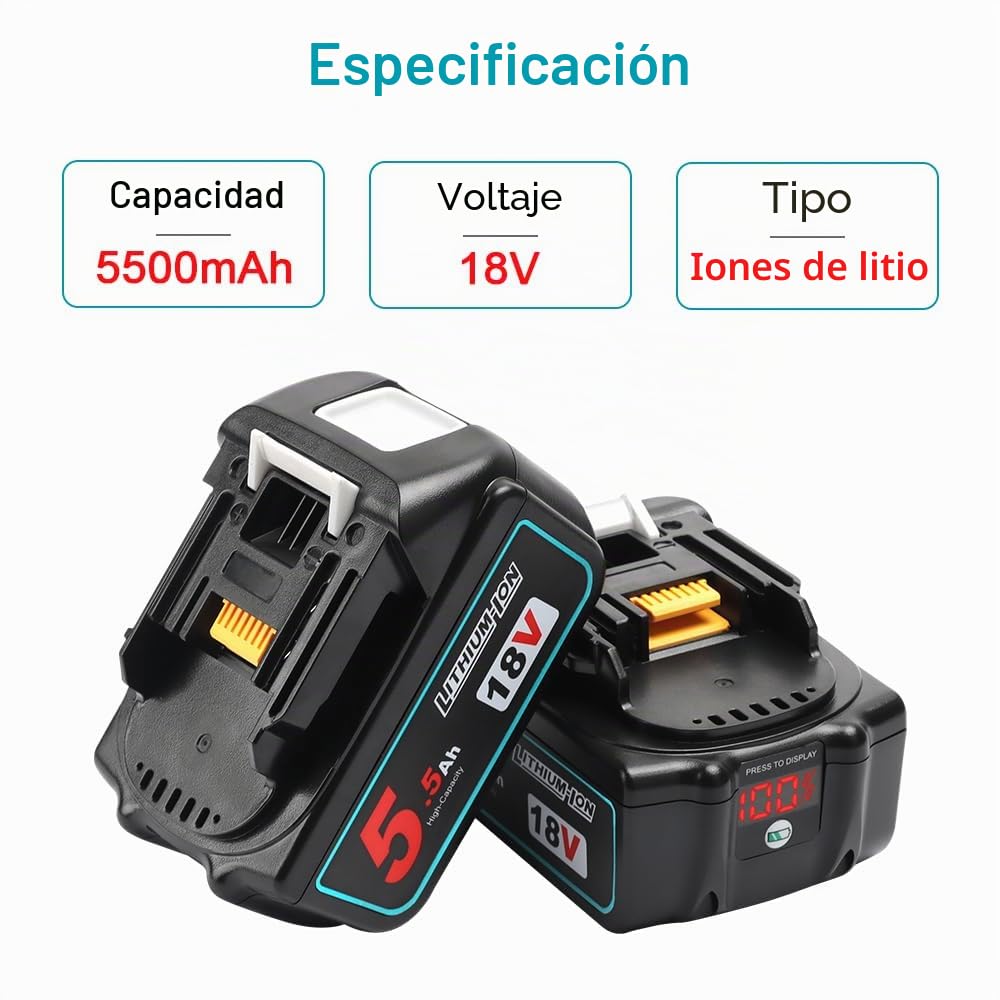 Powarobor 2 Packs BL1850B 18V 5.5Ah Li-Ion Batería Compatible con Makita 18V Herramientas Eléctricas Sin Cable, 5500mAh Batería de Ion Litio BL1850 BL1860 BL1830 BL1830B BL1840 BL1840B | BL1850 BL1860 BL1860B BL1840 BL1840B BL1845 BL1815 LXT-400 Herramien