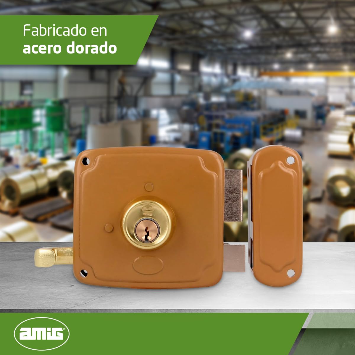 Amig - Cerradura de Sobreponer de Derecha con Palanca de Cierre, Lengüeta y Tirador - Acero Dorado - Medida: 100 x 95 mm - Ideal para Puertas de Madera de Entrada o de Paso