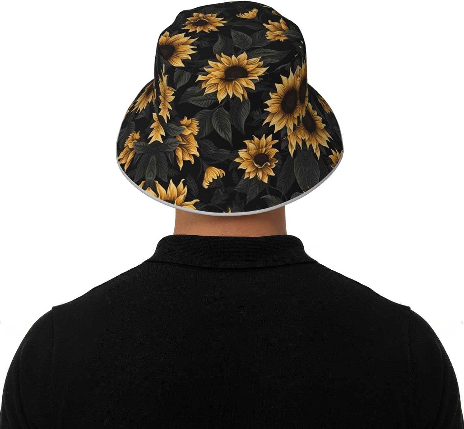 (Sunflowers Printed) Reflective Reversible Bucket Hat Foldable Breathable Stylish Two-Way Wear for Outdoor Travel Daily Activities Black