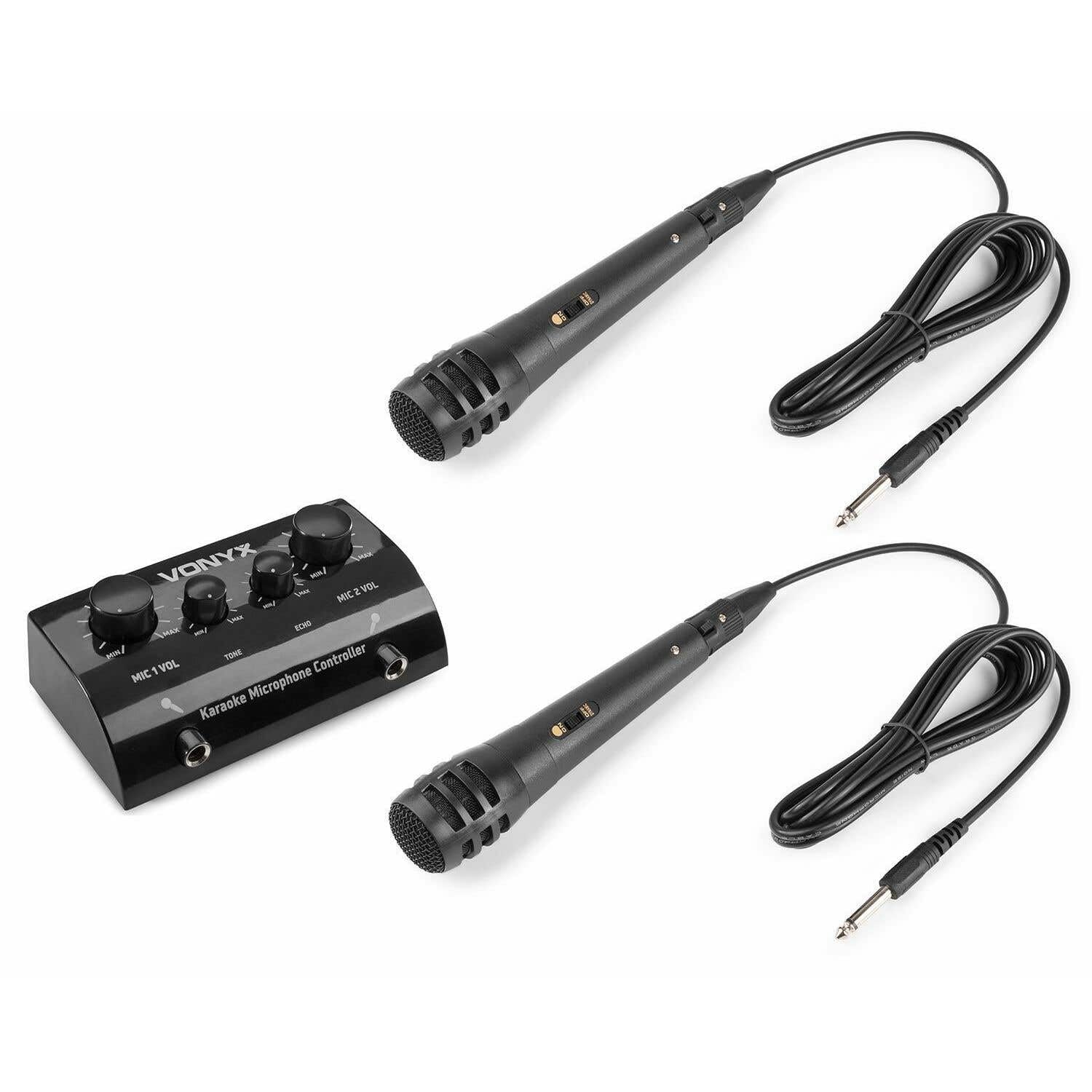 SkyTec AV430B Table de Mixage Écho Karaoké 2 Canaux avec 2 Microphones - Noir, Mixeur Sonorisation, Micros Filaires, Mélangeur à Écho Réglable, Soirée Karaoké, Contrôle Microphones, Jack 6,3mm