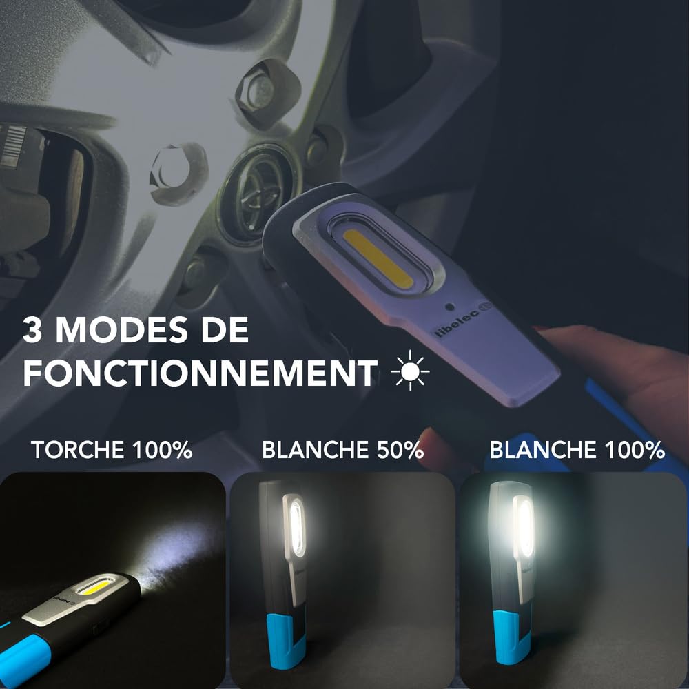 Baladeuse LED rechargeable sur socle 6W, 600 lumens, IP54, IK07, crochet, mode torche, aimanté, garantie 3 ans - Tibelec