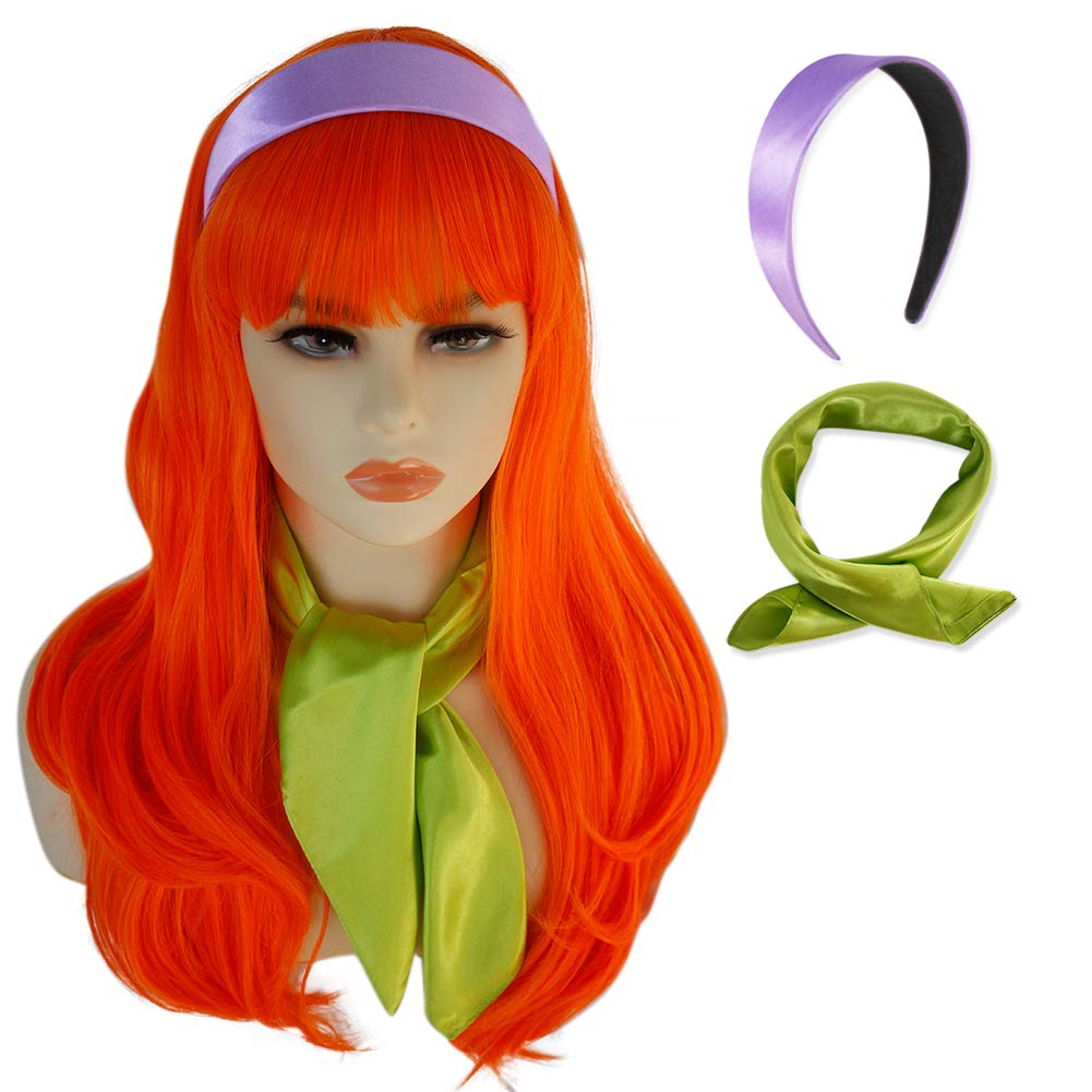 Anogol Wig Cap+ ( Headband+Green Scarf ) Long Wavy Orange Cosplay Wigs with Bangs Synthetic Hair for Party Costume Wig for Halloween