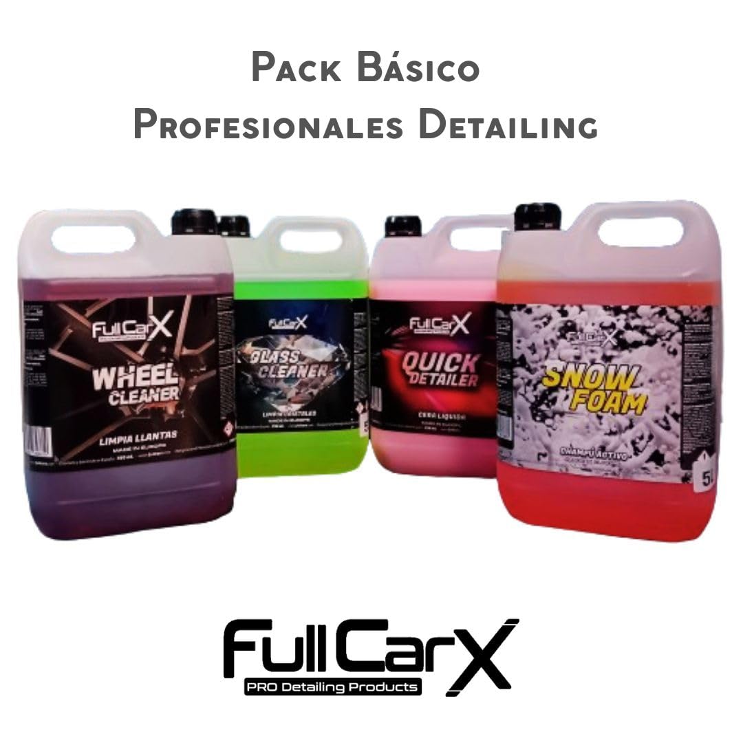 AutoFullCar - Pack Básico Limpieza de Coche para Profesionales del Detailing FullCarX - 4 garrafas de 5 Litros - Limpia Llantas + Limpia Cristales + Cera Líquida Quick Detailer + Champú Activo