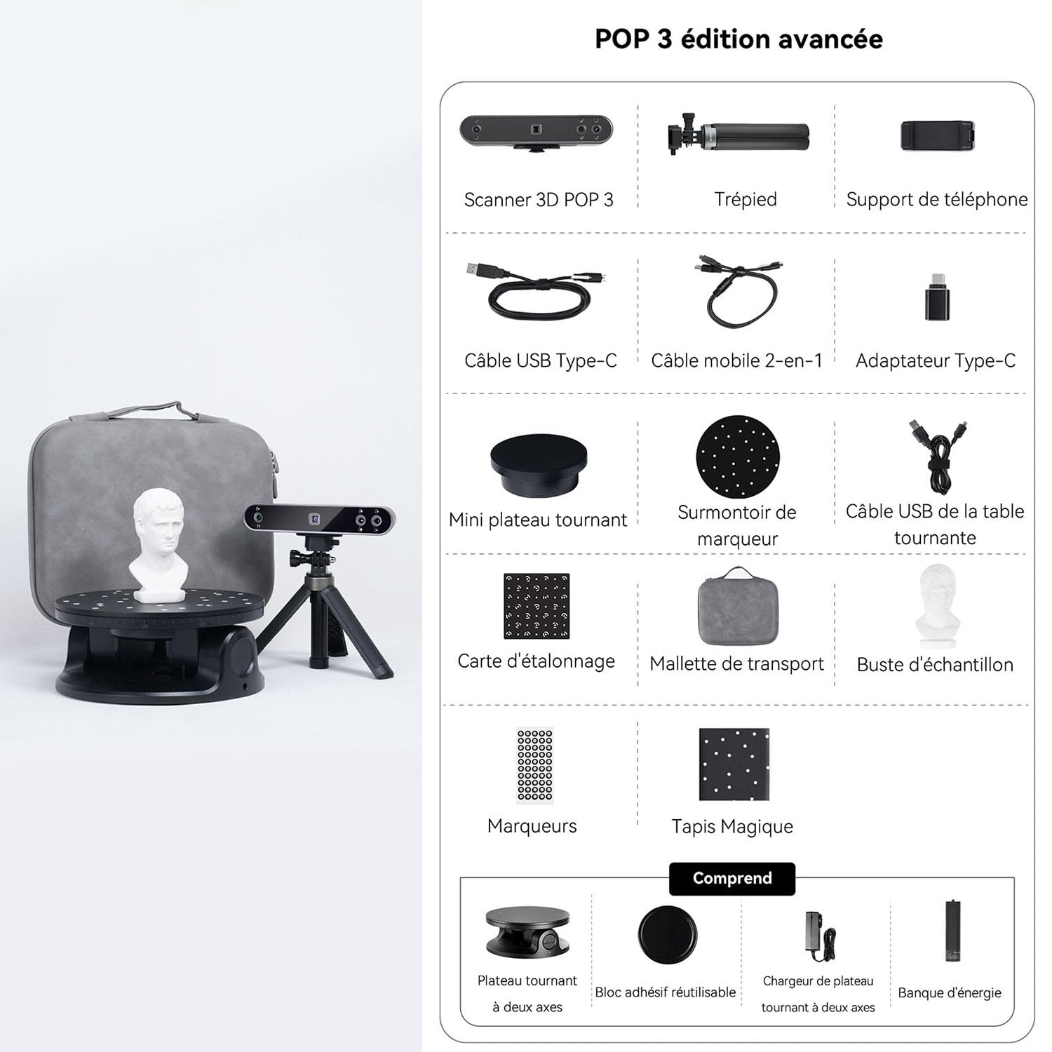 Revopoint POP 3 - Scanner 3D portable pour l'impression 3D Précision de 0,05 mm Vitesse de numérisation de 12-18 FPS Numérisations 3D en couleur complète avec double LED blanche - ADVANCED