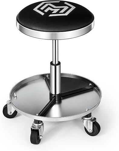 Miniatura 10 de M-AUTO Taburete de garaje móvil neumático con bandeja para equipos y ruedas todo terreno, capacidad de 300 libras, asiento de rodillo mecánico de