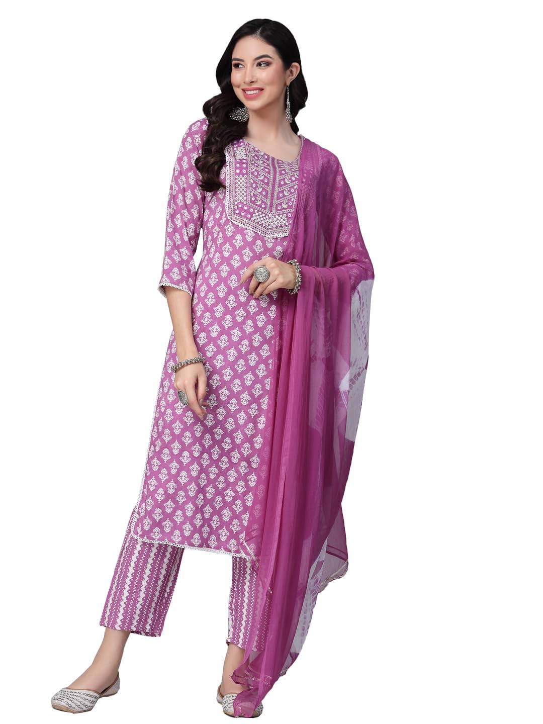 Stylum Women Printed & Embroidered Rayon Kurta Pant Dupatta Set (Kpdira38_Purple, M)