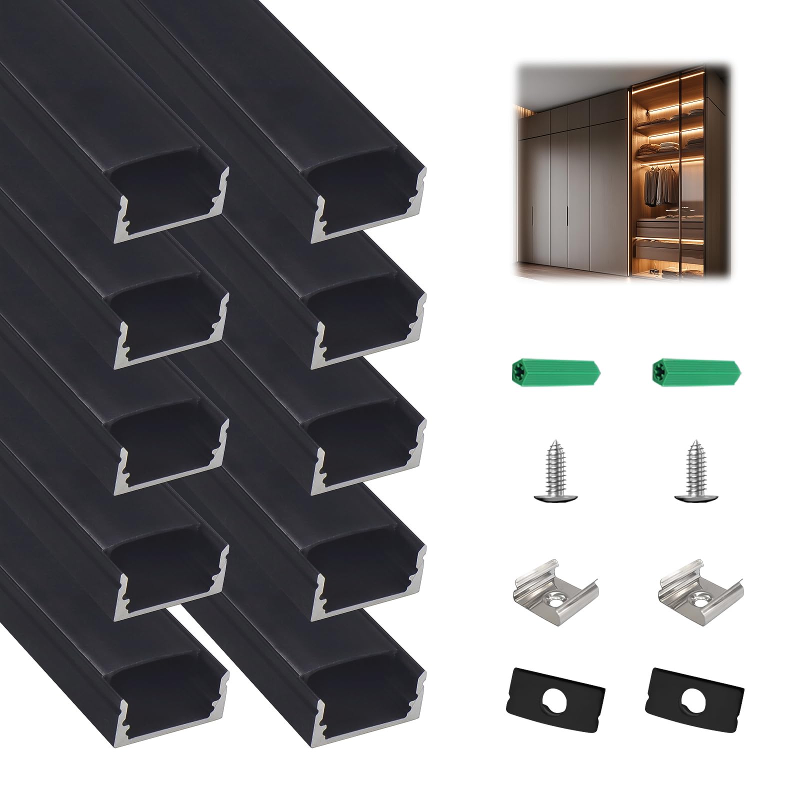 10-Pack 3.3ft/1m U-Shape LED Aluminum Channel with Black Cover, Black LED Strip Light Diffuser Track, Waterproof LED Profile for Under Cabinet, Stairs, Wardrobe, fits 12mm/0.5" Wide Strips