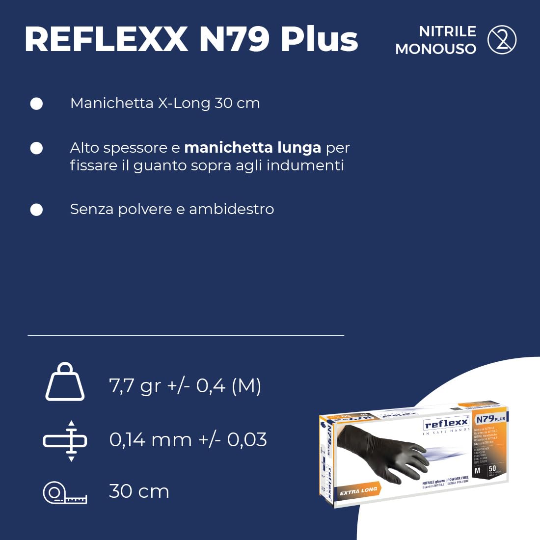 Reflexx N79P/L Guanti in Nitrile Senza Polvere, Nero, 50 Pezzi