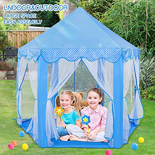 Image of BabyGo Kids Prince Princess Castle Theme Play Tent with Mosquito Net Design for Kids (Blue with Light)