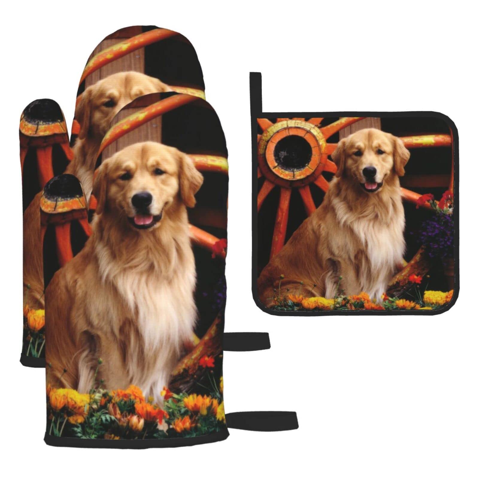 Golden Retriever Printed Kitchen Baking Three-Piece Heat-Resistant Thick Cotton Oven Gloves for Cooking and Baking.