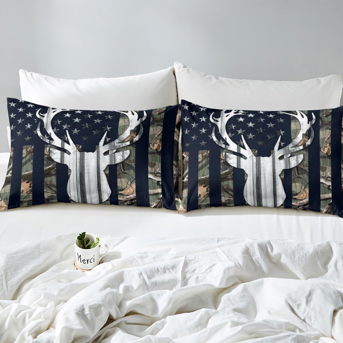 Camouflage USA Flag Comforter Cover Full Size, Green Camo Grey Deer Antlers Trees Print Natural Duvet Cover Set for Girls Teens Xmas Gift, American Flag Bedding Set with 2 Pillowcases (No Comforter) - Image 3