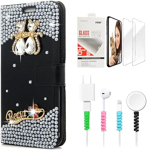 Miniatura 7 de STENES Bling - Funda tipo cartera para teléfono compatible con Google Pixel 6a, elegante, hecha a mano con cristal de pavo real 3D, cubierta
