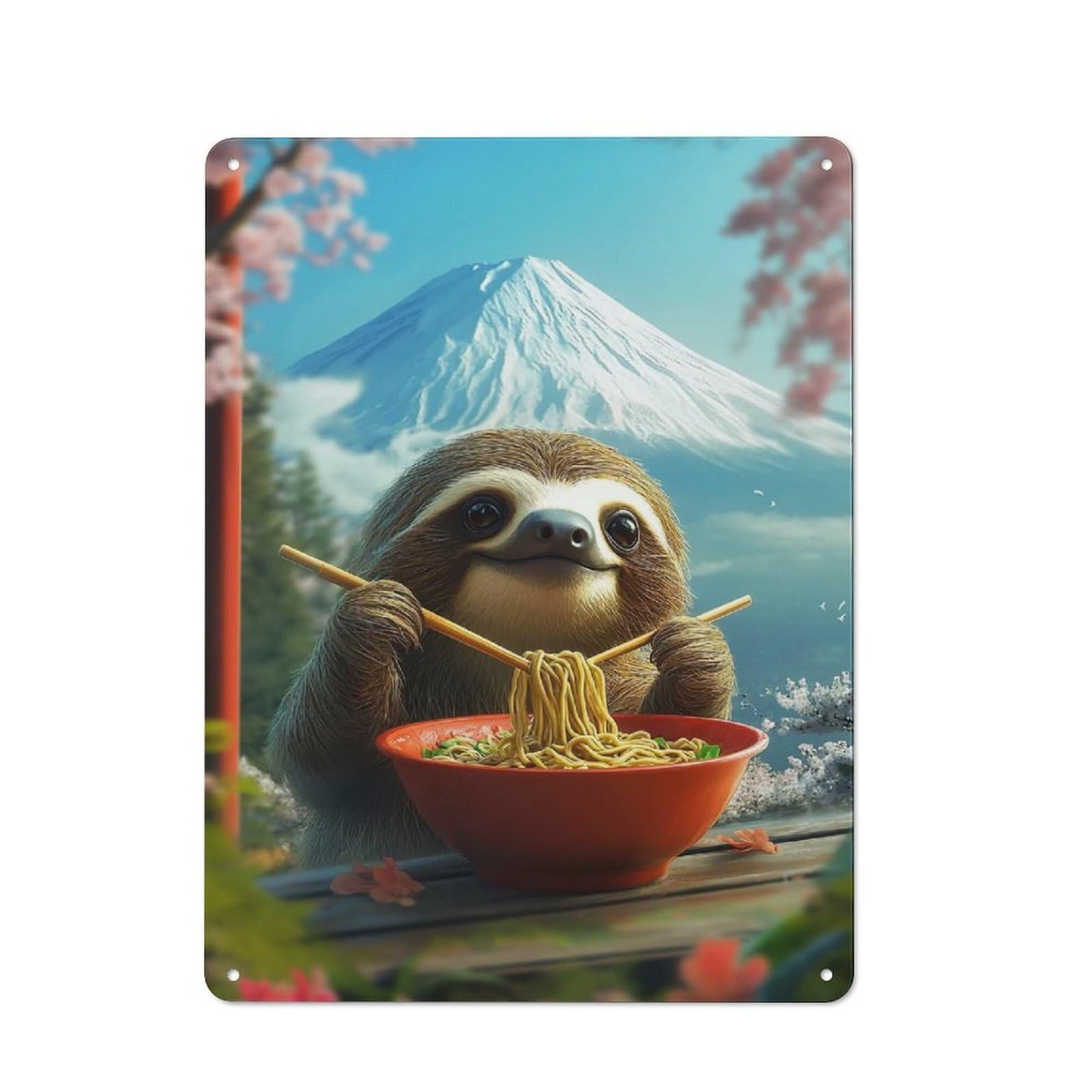 Junmoney Sloth Eating Ramen In Japan Mt. Fuji Retro Decorative Tin Plaque 40X30cm Featuring Novelty Wall Art For Bedroom, Kitchen, Office Or Living Room