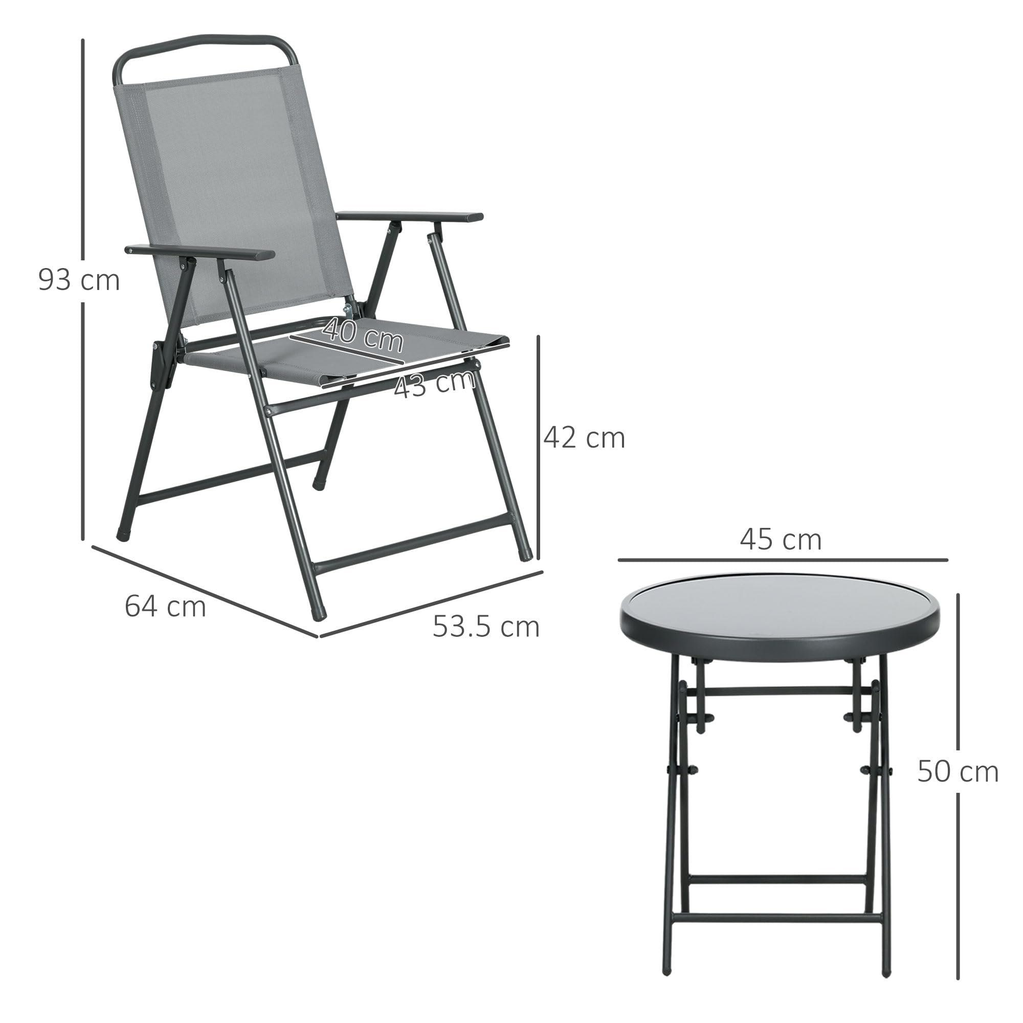 Outsunny Set da Giardino 3 Pezzi con Sedie e Tavolino Pieghevoli in Metallo e Vetro Grigio Chiaro per Patio
