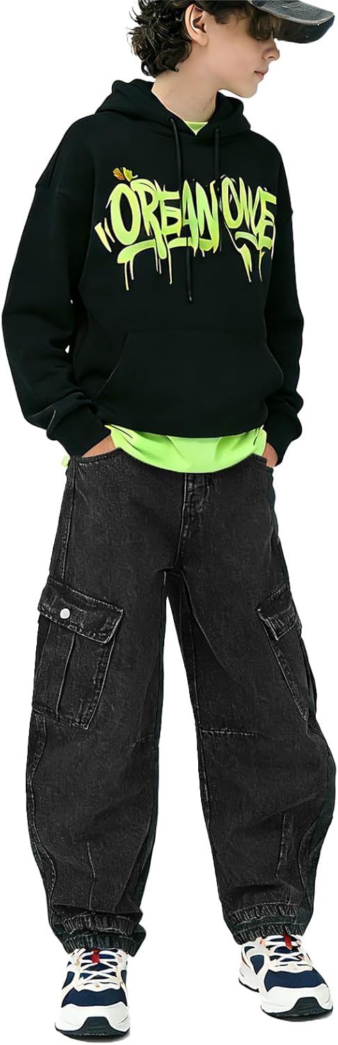 Baggy Jeans for Boys Cargo Jeans, Mid Rise Elastic Waist Multi-Pockets Denim Pants School Streetwear Size 8-12