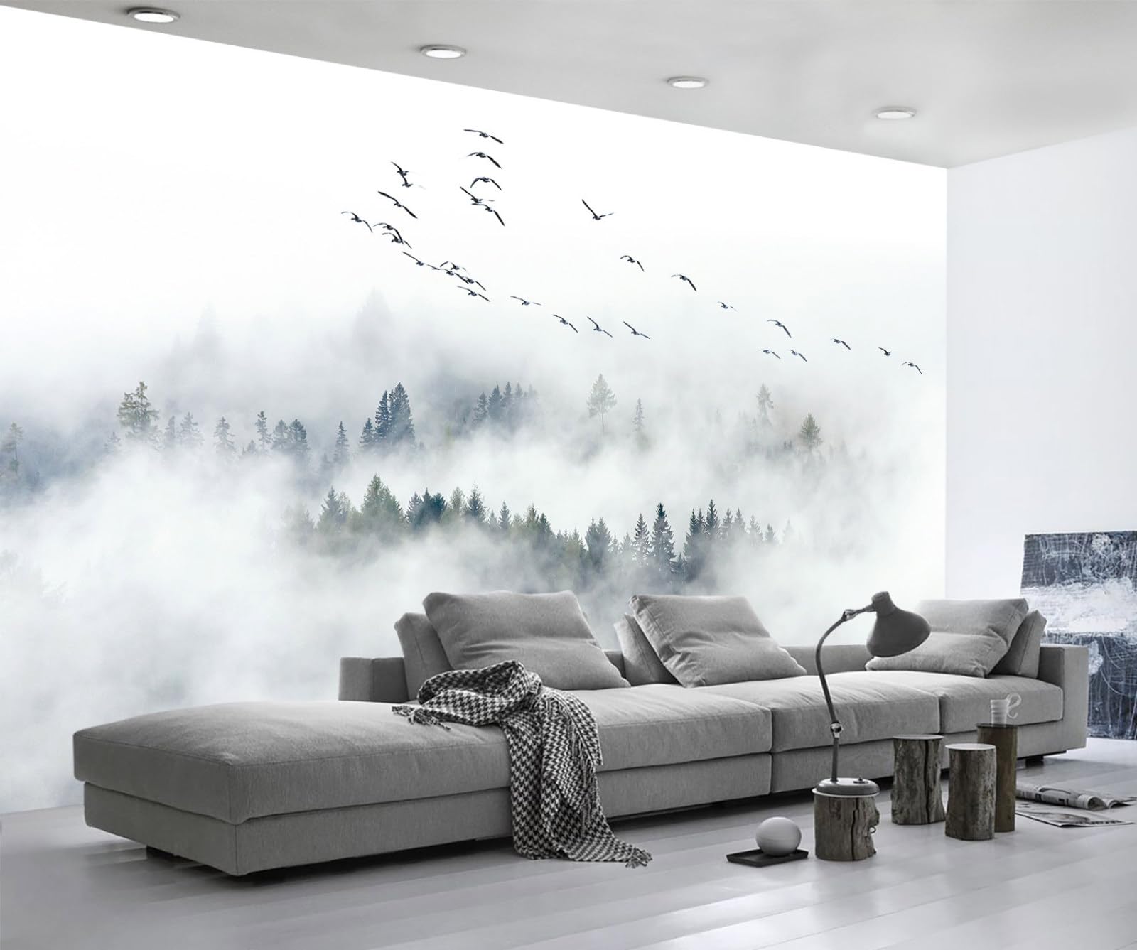 Papier peint panoramique oiseaux pour masquer les défauts du mur et agrandir la chambre