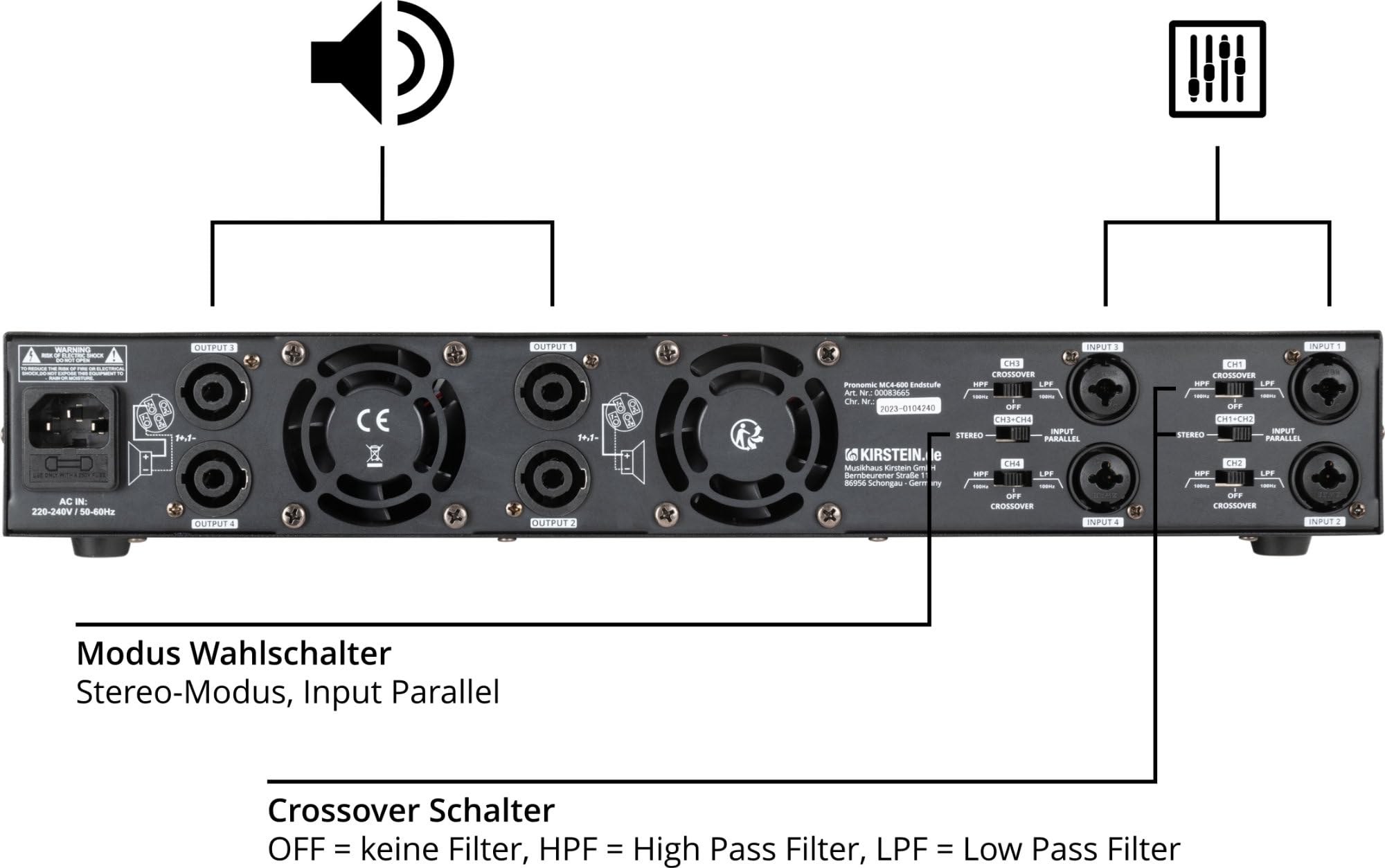 Pronomic MC4-600 Endstufe - Ausgangsleistung (8 Ohm): 4x 600 Watt - Ausgangsleistung (4 Ohm): 4x 900 Watt - Stereo- oder Parallel-Modus - Einstellbare Crossover-Frequenz - Schaltungstyp: Class D