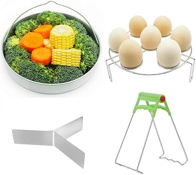 Compatible With Instant Pot Accessories 4 Piece Set Includes Egg Steamer Rack, Steamer Basket, Divider, and Dish Clip for Veggie Cooking Eggs Stainless Steel Fits 5, 6 and 8 Qt