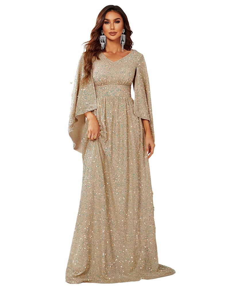 Women's Cloak Sleeve Sequin Formal Maxi Dress Evening Party Gown; size L