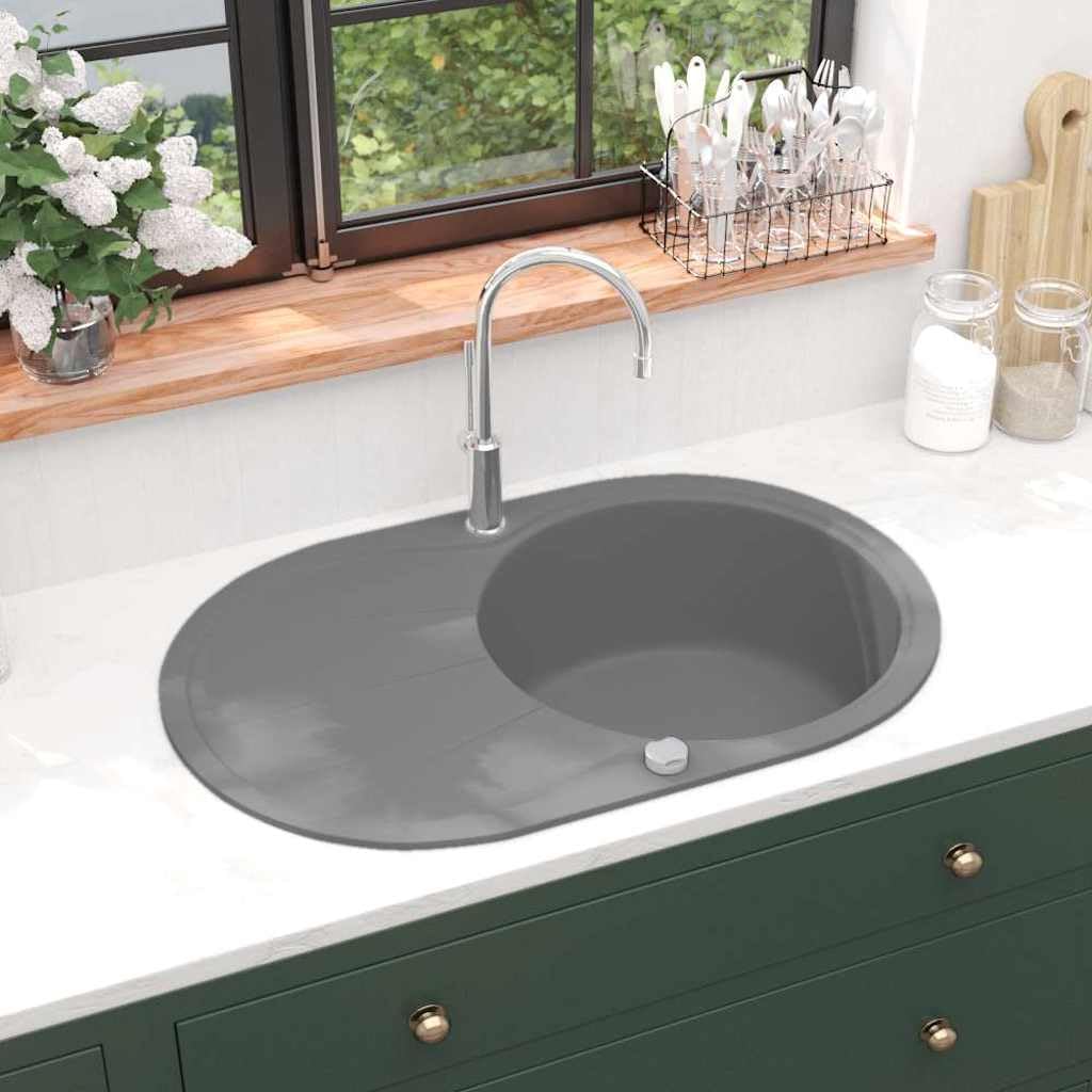 Fregadero individual de granito, ovalado, gris, 80% cuarzo, 20% resina, 770 x 490 x 205 mm, reversible, resistente a los arañazos, resistente al calor hasta 280 °C, incluye cesta coladora