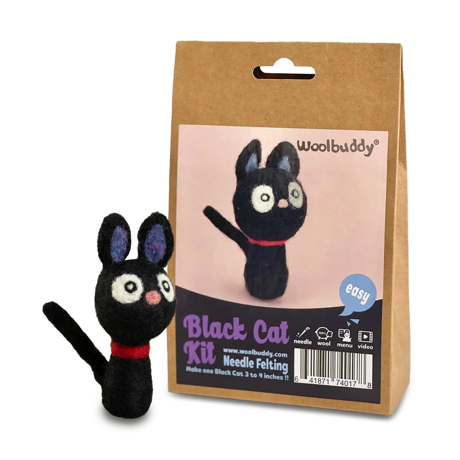 Woolbuddy Needle Felting Starter Kit (Black Cat) for Adults with DIY Tool