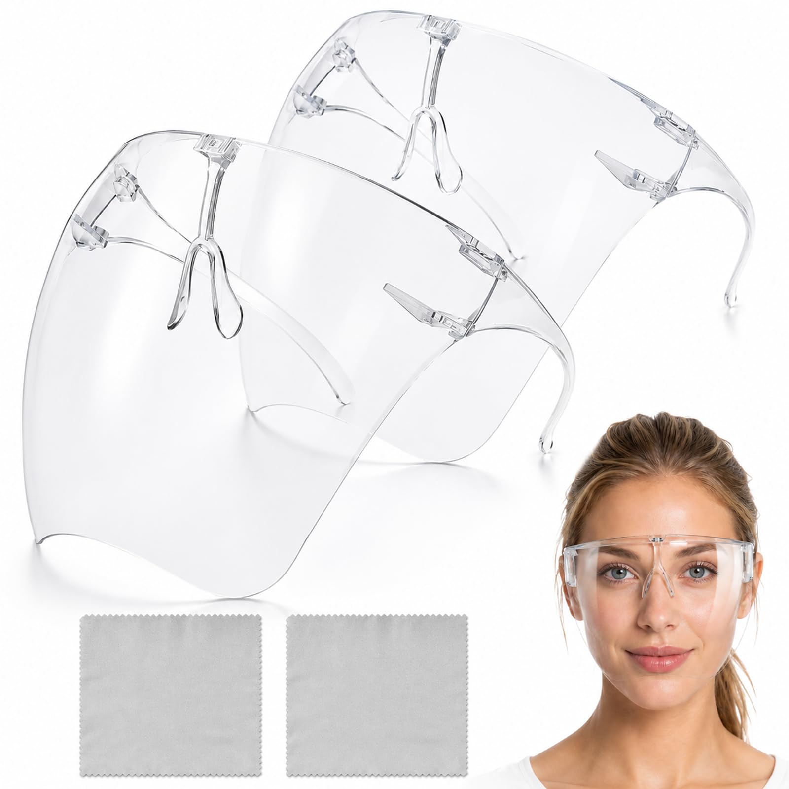XLTXWD 4PCS Face Shield Visor, Protective Face Covering for Nail Art and Workshop Tasks, Includes Two Transparent Shields and Two Grey Cleaning Cloths