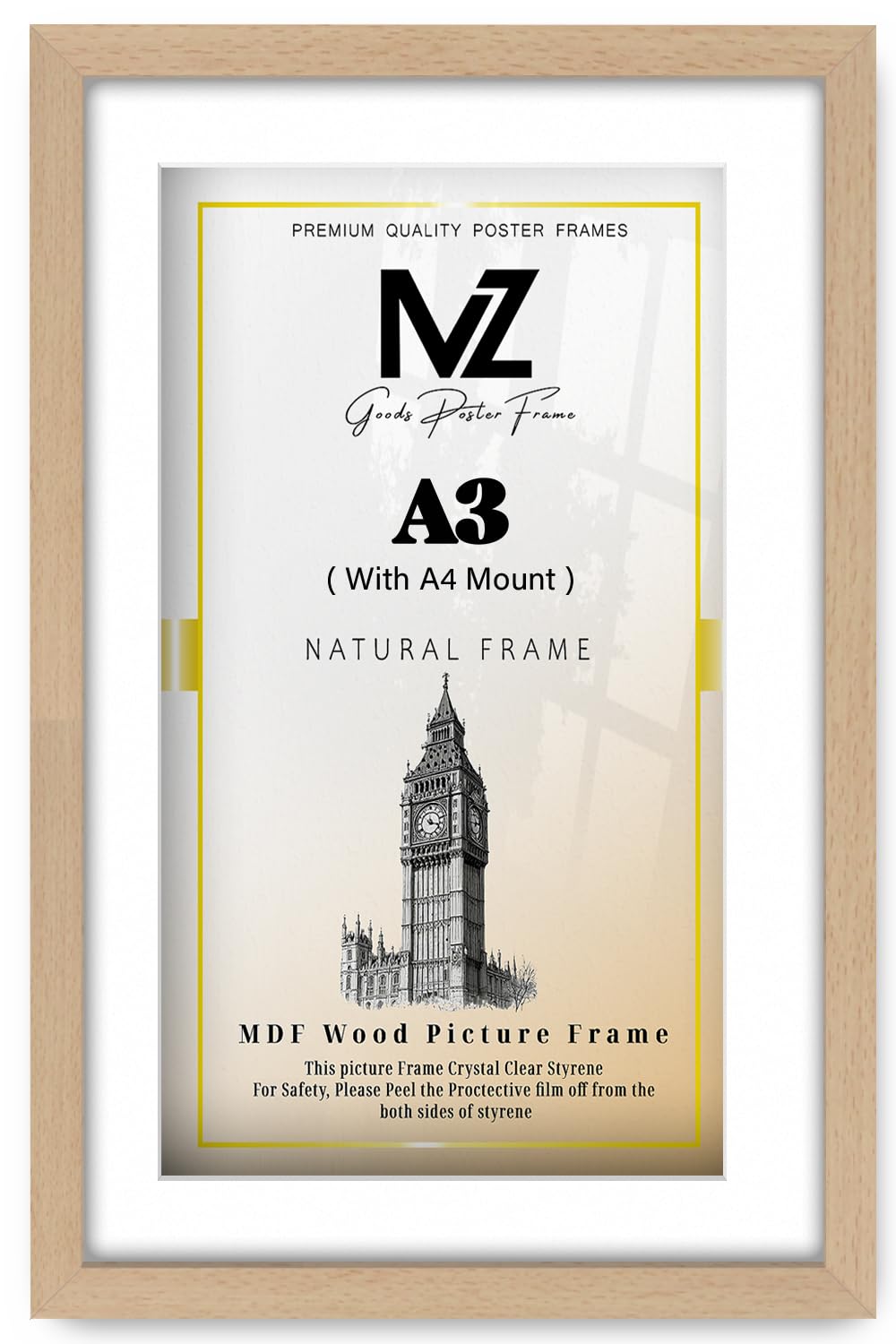 MZ GOODS | MDF Decorative Poster Frame A3 (29.70 x 41.90 cm) With A4-(11 x 8 Inch) White Mount Modern Wall Mount | 16" x 11" Certificate, Diploma, Photo, Artistic Frame [ Beech ]