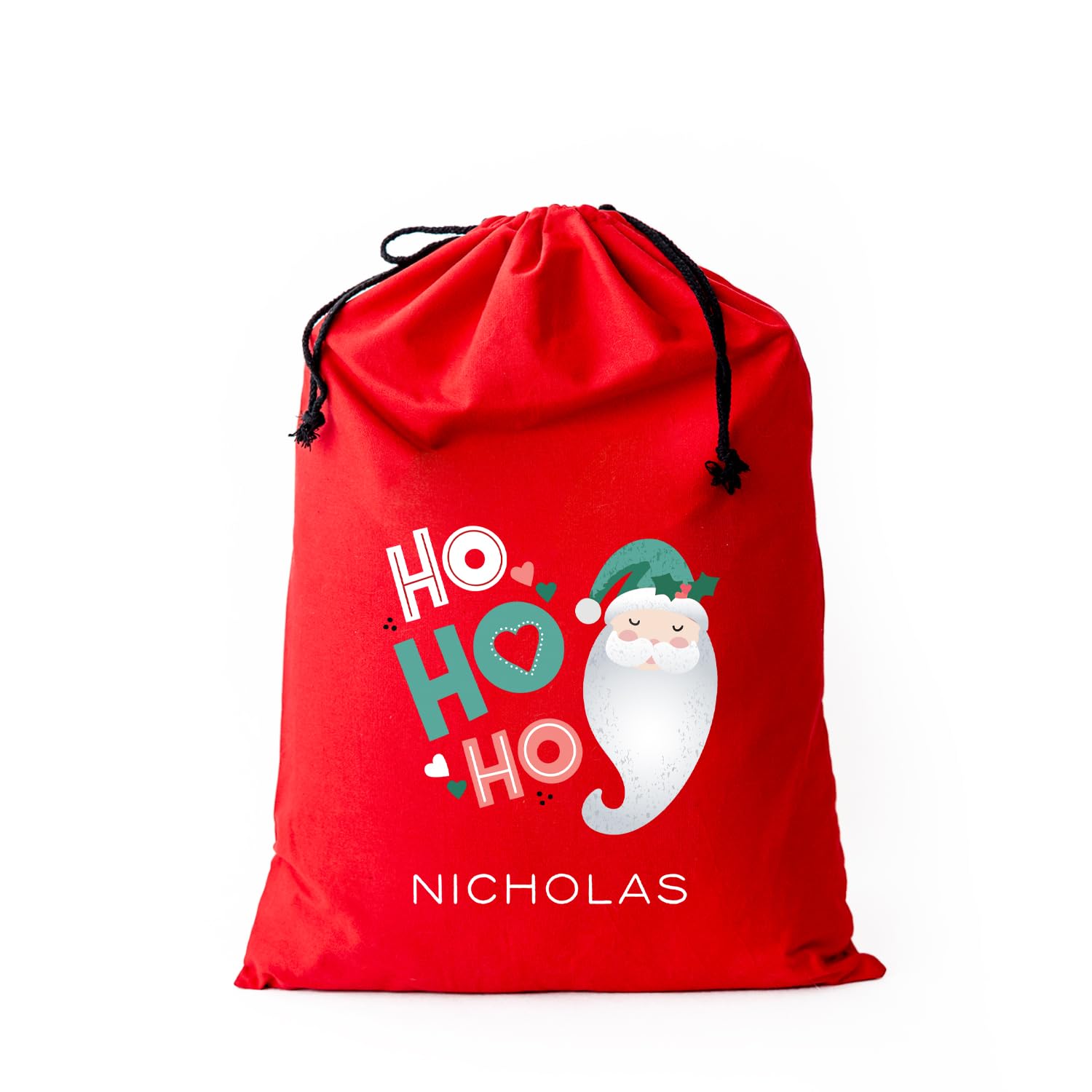 Qualtry Personalized Santa Sack Christmas Bag for Kids Presents (Santa Ho Ho Ho Design, Red 19.5” x 26”) - Large Cotton Sack with Drawstring - Giant Toy Bag with Name