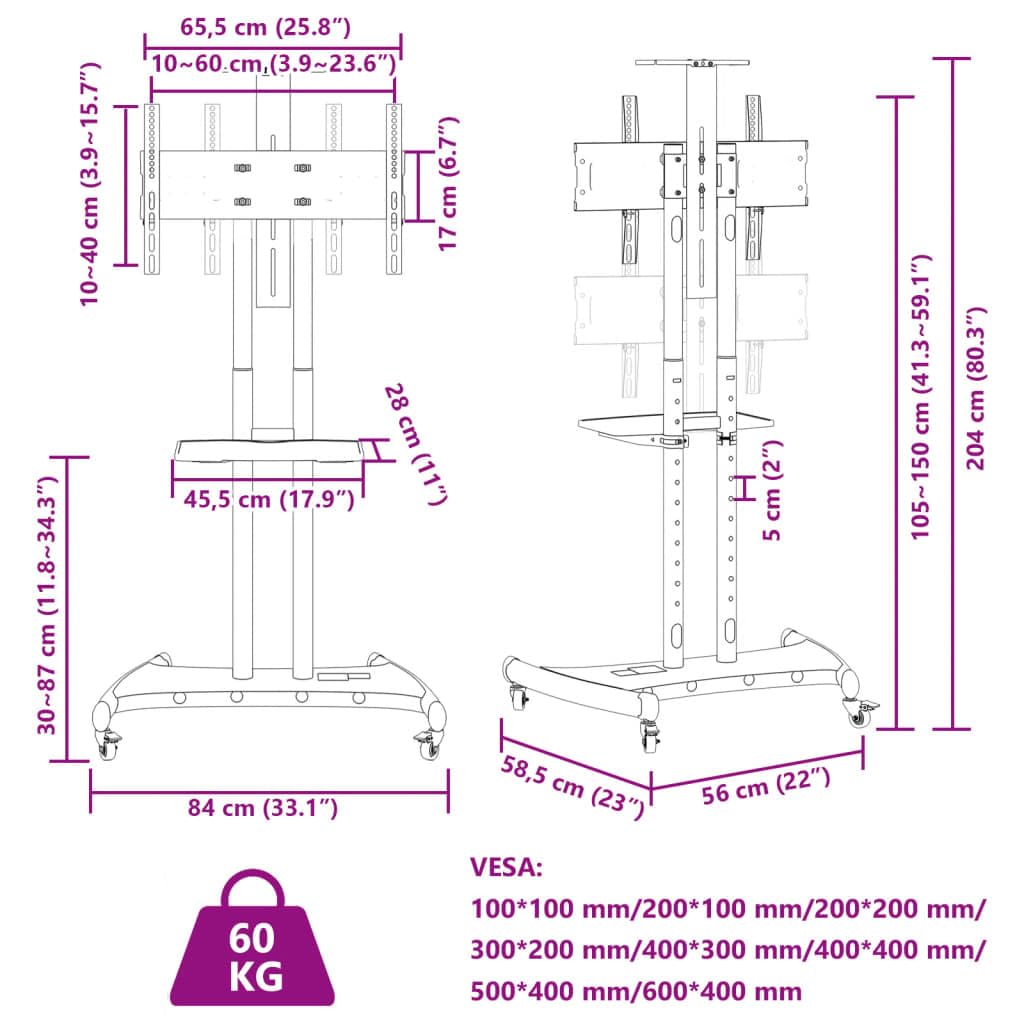 Supporto TV su ruote, altezza regolabile 32-70 pollici, acciaio verniciato a polvere, max VESA 600 x 400, portata 60 kg, con ripiano e gestione cavi per ufficio, soggiorno, gaming