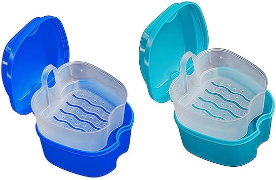Retainer Case,2 Pcs Dental Container Case,Leak Proof Denture Bath Cup,Braces Box with Strainer,Portable Denture Storage Box,Soaking Denture Box for Home,OfficeTravel,False TeethBlue