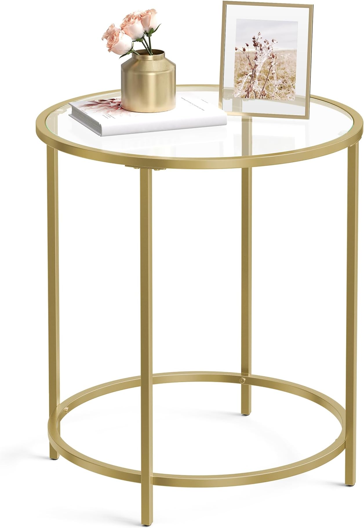 VASAGLE Round Side Table, Small Coffee Table, Tempered Glass End Table with Steel Frame, Bedside Table, Living Room, Balcony, Gold LGT20G
