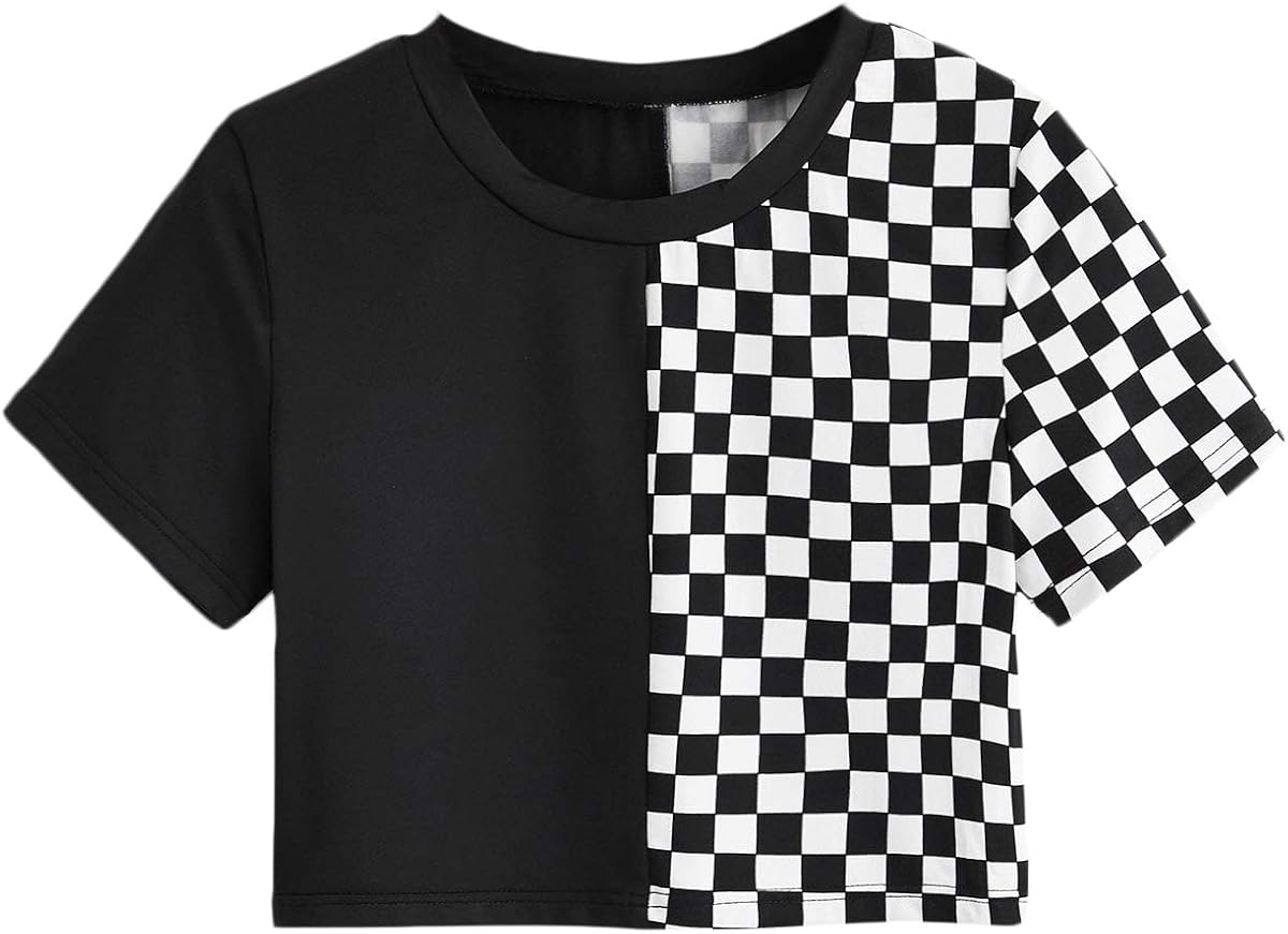 Women's Short Sleeve Round Neck Colorblock Stripe Tee Shirt Crop Top