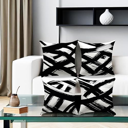 Miniatura 9 de Juego de 4 fundas de almohada bohemias modernas de 18 x 18 pulgadas, almohadas decorativas a rayas blancas y negras para sofá, decoración geométrica