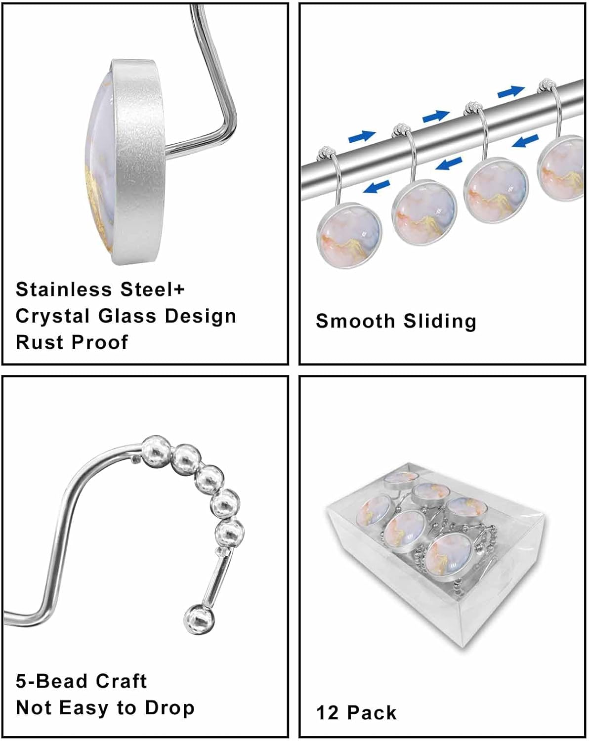 Shower Curtain Hooks 12 Pcs Gold Striped Marble Blue Pink Gradient Stripes Stainless Steel Rust Proof Rolling Shower Curtain Rings, Decorative Shower Curtain Hooks Hangers for Bathroom