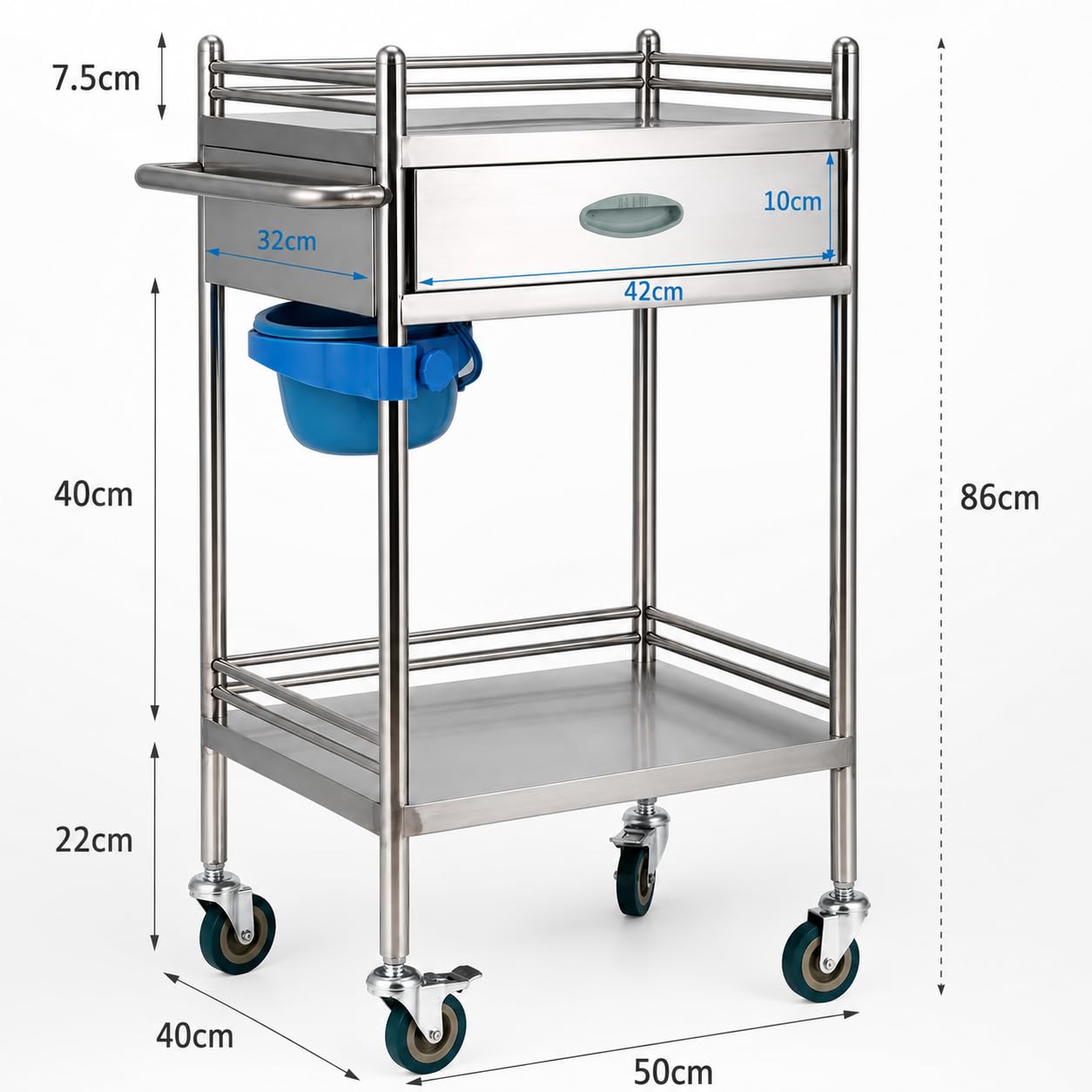 Carrello multiuso in acciaio inox con ruote di bloccaggio per uso medico e