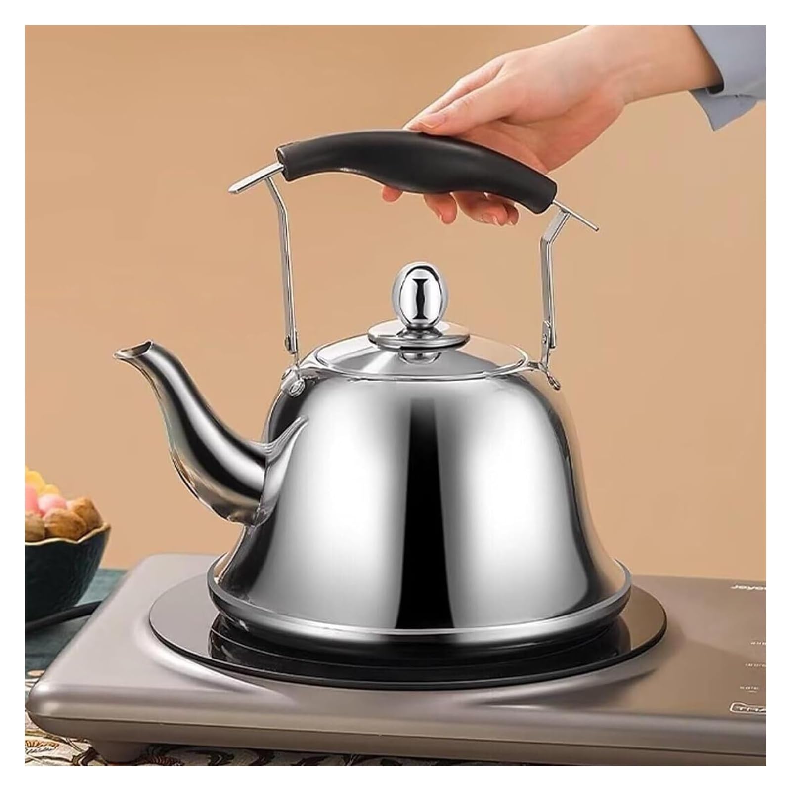 Tetera silbante for estufa, de acero inoxidable apto for uso alimentario con asa ergonómica plegable for cocinas de gas, inducción y eléctricas.(Silver,3L)
