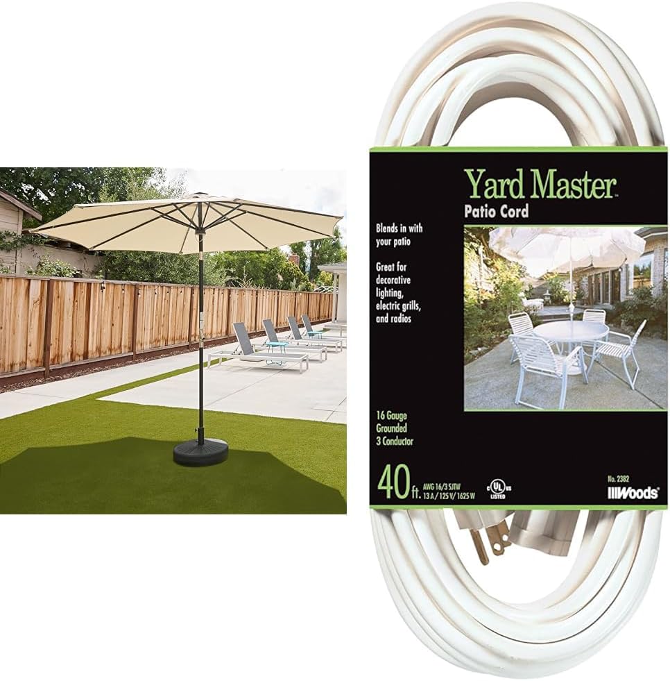EAST OAK Patio Umbrella, 9 ft Outdoor Table Umbrella with 40 LED Solar Lights of Waterproof & Yard Master 992382 White Patio 40-Foot; 3-Pronged; 16 Gauge Extension Cord; 13 AMPS; 125 Volts