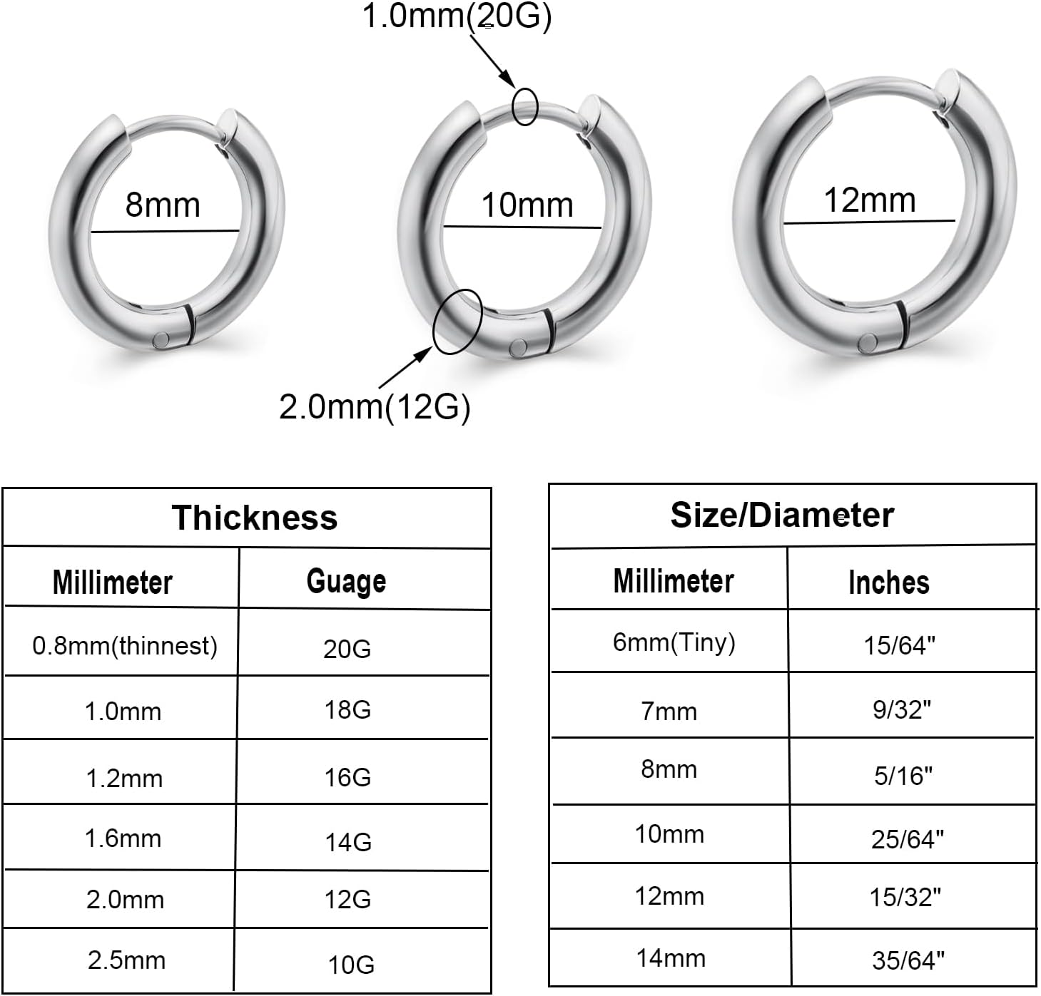 3 Pairs 316L Stainless Steel Small Black Silver Hoop Earrings 8mm 10mm 12mm Hypoallergenic Surgical Earring Cartilage Helix Lobes Hinged Sleeper Ear Jewelry For Men Women - Image 2